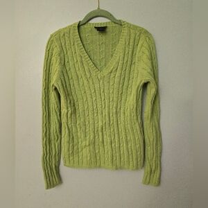 Escapade Green Cable Knit Sweater V Neck Womens Pullover Winter Medium